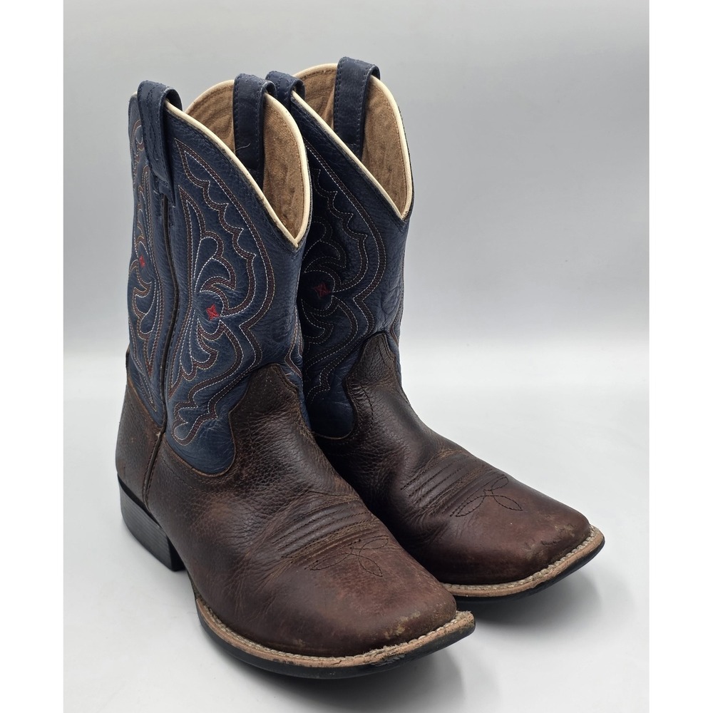 Ariat Boots Kids Sz 3.5 Brown Blue Western Square Toe Leather Boots Style 01863